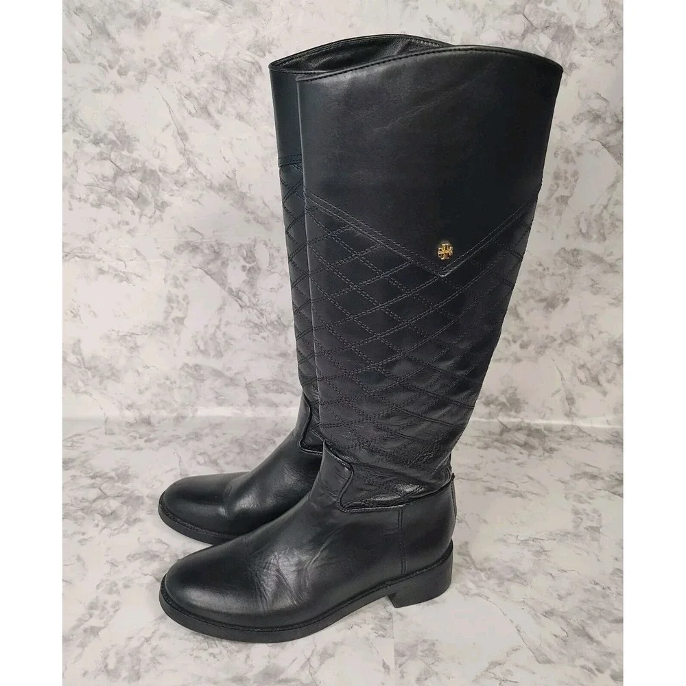 Tory Burch Claremont Quilted Black High Boot Women's Size 6.5 M Designer‎